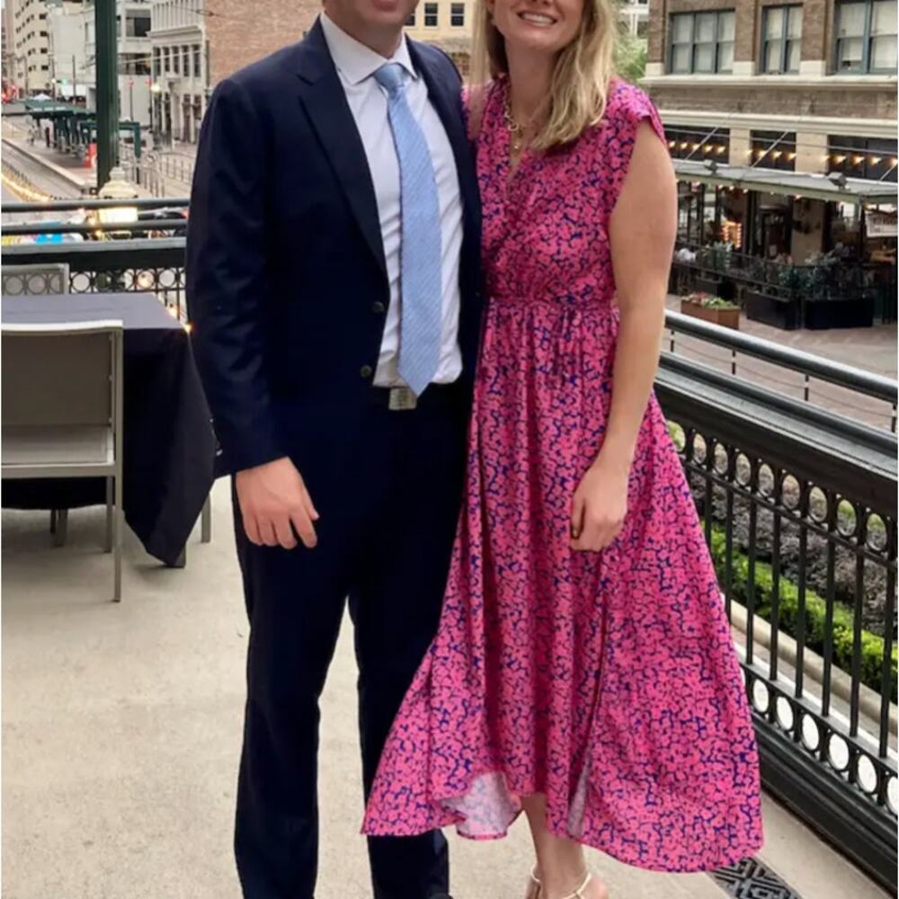 Derek Lam Pink Blue Floral Midi Dress MEDIUM Fit Flare Lightweight Designer $175 - Picture 4 of 12